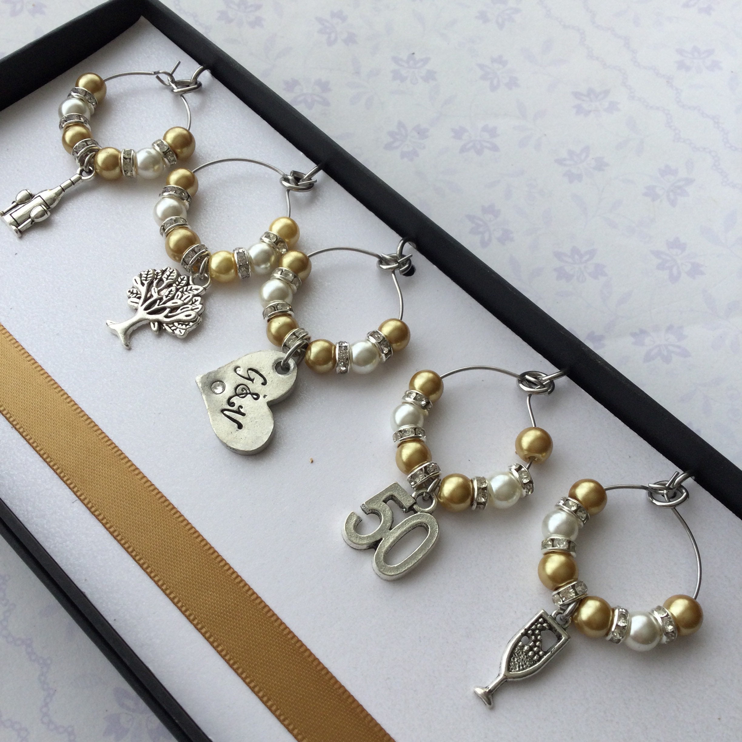 Golden Anniversary Wine Charms 50th Wedding Anniversary Gift Personalised Golden Anniversary Gift by Little Jenny Wren
