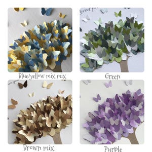 May include: Four images of paper butterfly trees in different color schemes: blue/yellow, green, brown, and purple. Each tree has a brown trunk and a canopy made of layered paper butterflies. The text "Blue/yellow mix mix", "Green", "Brown mix", and "Purple" are below each image.