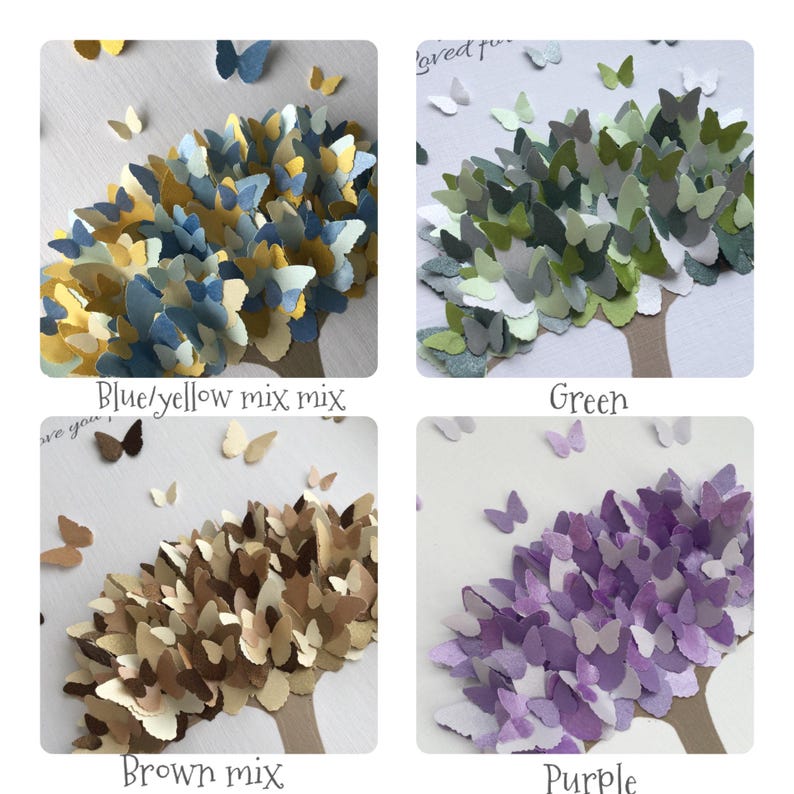 May include: Four images of paper butterfly trees in different color schemes: blue/yellow, green, brown, and purple. Each tree has a brown trunk and a canopy made of layered paper butterflies. The text "Blue/yellow mix mix", "Green", "Brown mix", and "Purple" are below each image.