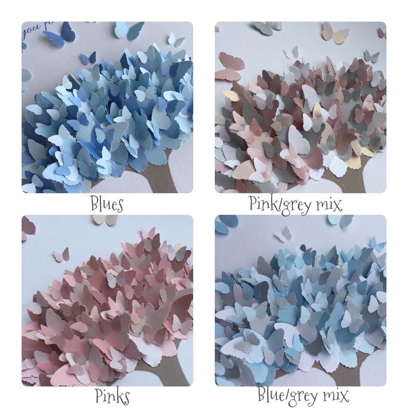 May include: Four square images showcasing paper art. Each features a tree with a brown trunk and a canopy of paper butterflies in various color schemes: blues, pink/grey mix, pinks, and blue/grey mix. The word "Blues", "Pink/grey mix", "Pinks", and "Blue/grey mix" are written below each image.
