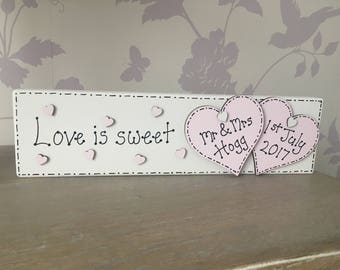 Wedding sweet table sign, wedding sweet table plaque, love is sweet, personalised sweet table sign, freestanding sweet label
