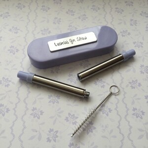 May include: A stainless steel reusable straw with a purple cap and cleaning brush, in a purple case with the text "Lucinda's Gin Straw".