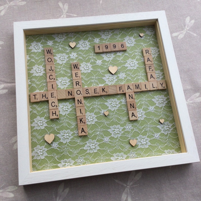 Personalised Lace Scrabble Frame for 13th anniversary gift, lace gift for husband anniversary wife lace anniversary by Little Jenny Wren sage green