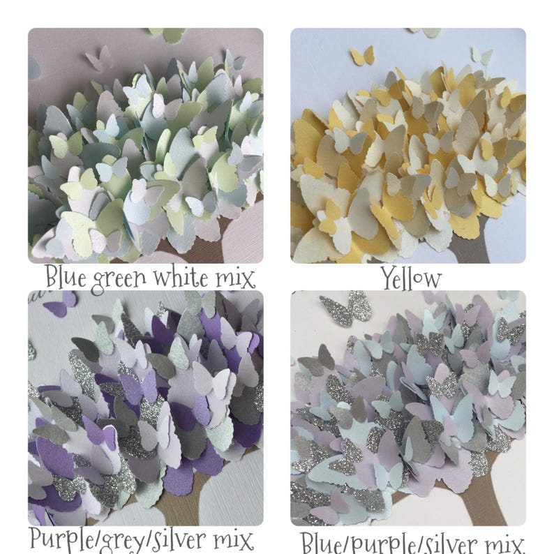 May include: Four square images showcasing paper butterfly art in various color schemes. The options include blue, green, and white; yellow; purple, grey, and silver; and blue, purple, and silver. Each design features a tree-like structure with butterfly-shaped leaves.