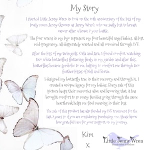 May include: A white background with a handwritten text titled "My Story" and several white butterfly illustrations. The text describes the origin of "Little Jenny Wren" and its connection to loss and remembrance.