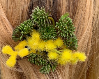 Flower Hair Clip, Mimosa and Succulent