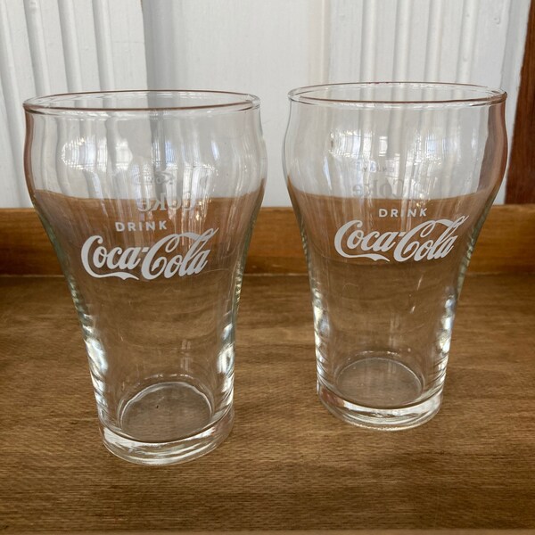 Set of 2 DRINK COCA-COLA, Enjoy Coke Glasses - 8 oz Bell Shaped Coca Cola Drinking Glass