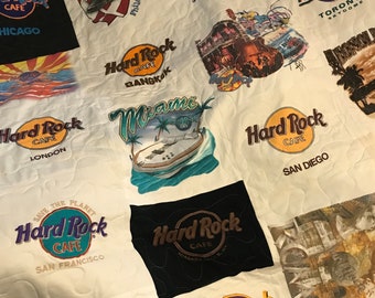 Hard Rock T Shirt Quilt, Twin Bed Quilt, Picnic Blanket