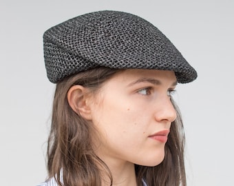 cap, hat style for him/her, super light straw hat, finely braided, summerlook, handcrafted,high fashion, urban puristic design in black, Lou