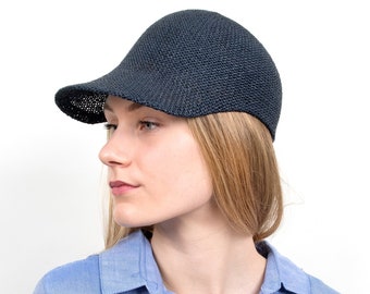 Light sporty summer cap with peak for her/him in elegant design. Handmade from air-permeable paper yarn, in the colour midnight blue. Ciel
