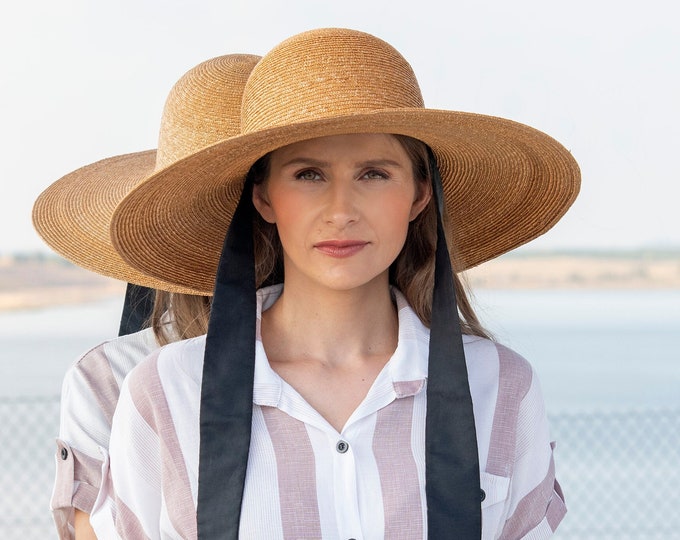 Featured listing image: Women's straw hat with wide brim and detachable straps. Elegant, handmade designer hat for occasions, travelling, beach and sun, Gabo