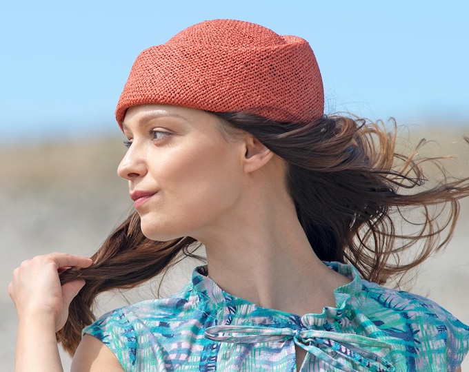 Featured listing image: Summer hat in a minimalist design. Handmade, feminine, unique hat made from twisted paper yarn in a sophisticated orange-red colour, Sui
