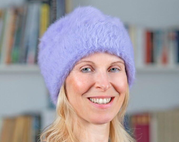Featured listing image: Elegant lilac winter beanie in angora. The cosy and warm designer beanie provides a cool look on frosty winter days. Lil