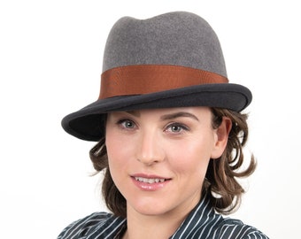 Two-colored Fedora in elegant, classic form with asymmetrical brim. Handmade winter hat from velvety fur felt. Frederico