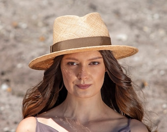 Fedora, handmade designer women's straw hat in androgynous style with wide, straight brim made from natural-coloured baobab fibres, Vincent