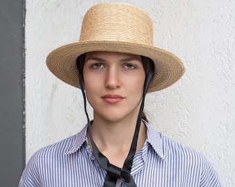 Women's fedora woven from flexible wheat straw, with detachable straps. Handmade shapely vintage summer sun hat for travel and home, Jules