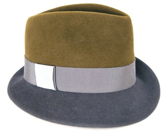 Two-colored Fedora in elegant, classic form with asymmetrical brim. Handmade winter hat from velvety hair felt. Frederico