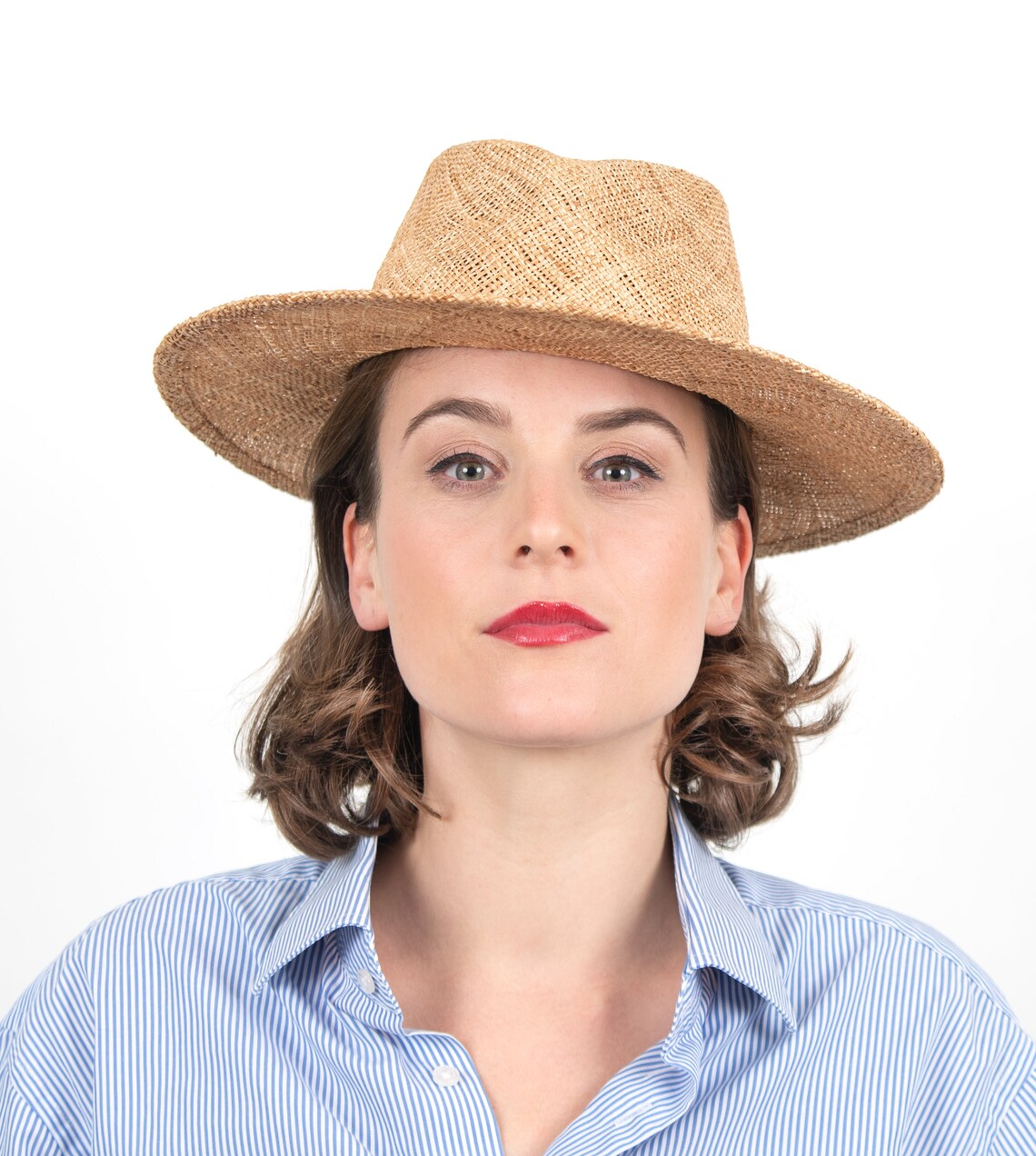 Natural Colored Summer Fedora With Wide Straight Brim. Handmade Hat