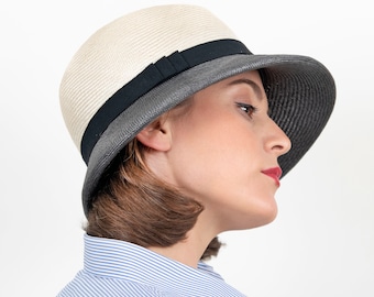 Two-coloured, elegant ladies summer hat in classic form, woven from fine straw fibres in herringbone pattern, delicate gray colour, Maare
