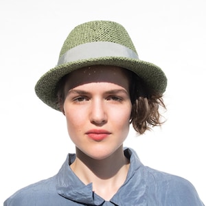 Stylish summer fedora, lightweight straw hat with curved brim made of braided paper yarn. Handmade unique design in timeless shape. Chino