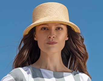 Handmade women's straw hat in an elegant design made from natural fibres. Lightweight summer sun hat with flared, edged brim, Jenne