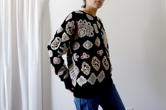 Vintage crochet sweater cardigan black with crazy… - image 5