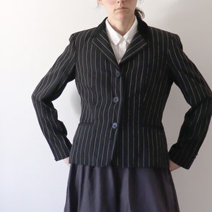Black pinstripe blazer with velvet collar