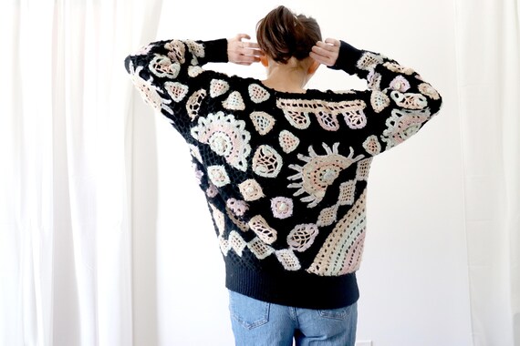 Vintage crochet sweater cardigan black with crazy… - image 4