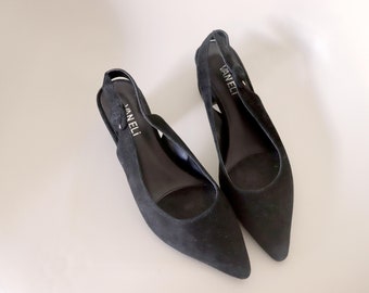 Vintage Vanelli Suede Slingback Heels, Black Block Heel, Size 7.5