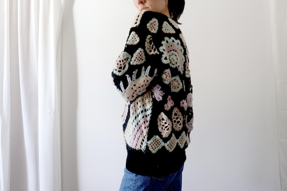Vintage crochet sweater cardigan black with crazy… - image 3