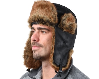 Trapper Hat Mens, Black Winter Bomber Hat Earflaps, Eskimo Hat, Faux Fur Trapper, Lumberjack Hat