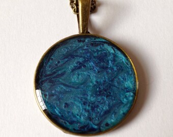 Handmade Blue Marine & Turquoise Painted Resin Pendant. Abstract Pattern. 18" Antique Bronze Chain.