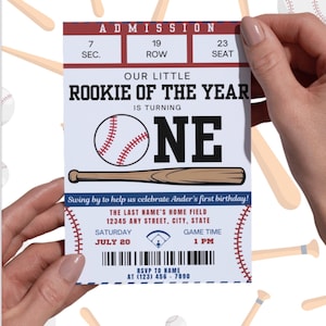 Peut inclure: Une invitation d'anniversaire sur le thème du baseball avec le texte "Our Little Rookie of the Year is Turning One". L'invitation comprend un graphique de baseball et de batte, des détails d'admission et des informations RSVP. La date est le 20 juillet.