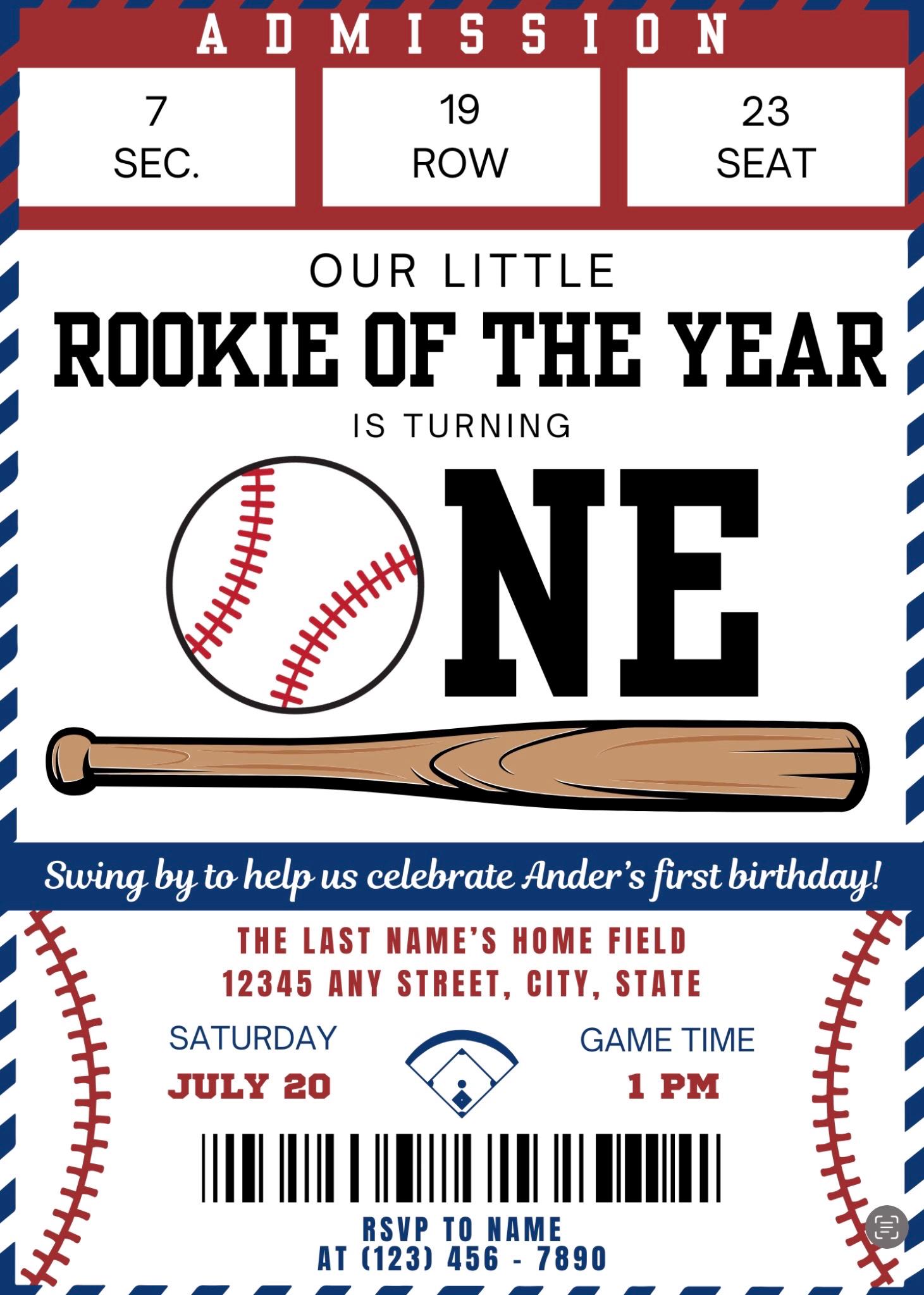 Rookie of the Year Birthday Invitation | Editable | Baseball | One ...