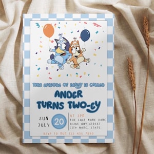 Invito di compleanno Twoey / Bluey modificabile / Bambino piccolo / Modello Canva / Download immediato 5x7