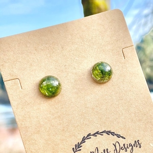 moss ball earrings, Oregon moss, terrarium, natural moss, green, Oregon nature, natural, resin jewelry, small stud earrings
