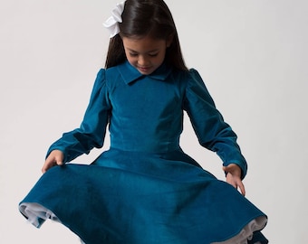 Vintage Inspired Girl Dress - Blue Velvet Dress