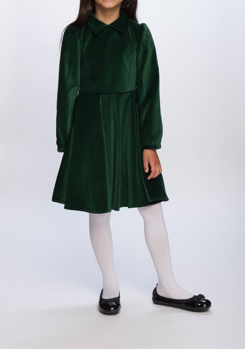 Vintage Inspired Girl Dress Green Velvet Dress image 2