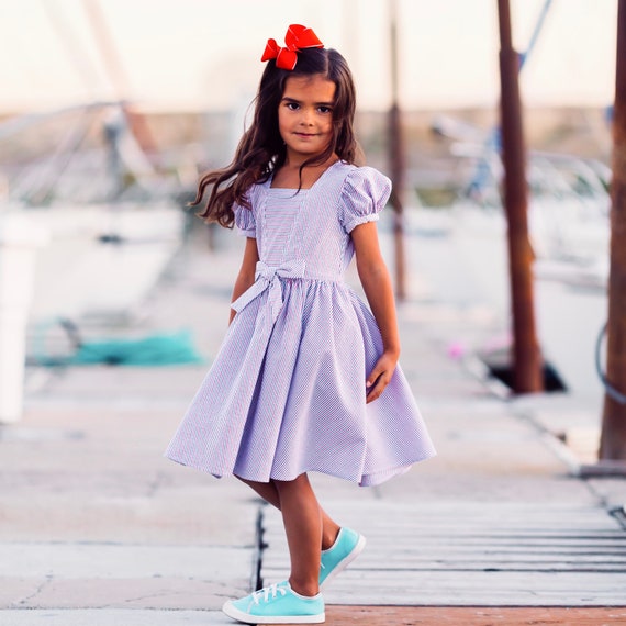 Vintage Inspired Girl Dress Red White Blue Seersucker Dress Picnic Dress