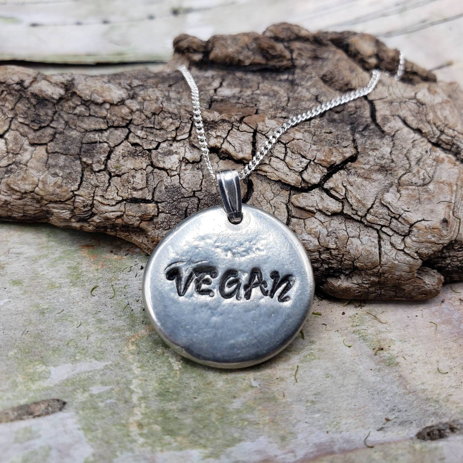 hand stamped jewelry Vegan AF pendant