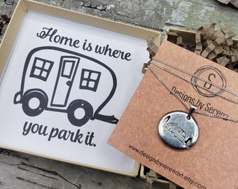 hand stamped camper necklace, glamper necklace, hand stamped jewelry, simple dainty silver Jewelry, home is where you park it, VT art, Glamp