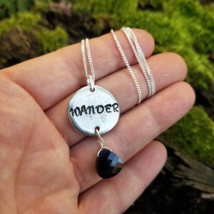hand stamped wander necklace, not all who wander are lost necklace, hand stamped jewelry, simple dainty silver Jewelry, black crystal