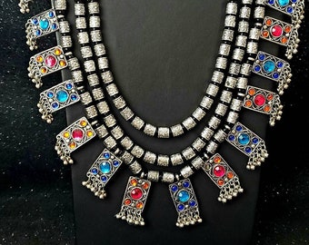 Afghani Multistrand Necklace: Oxidized Silver, Art Nouveau Medallions