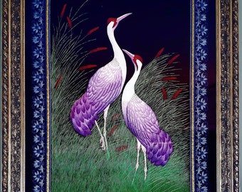 Hand Embroidered Crane Tapestry: Zardozi Silk & Lapis Lazuli Art