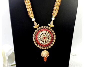 Conjunto de collar Kundan Ruby Rani Haar: joyería de templo indio