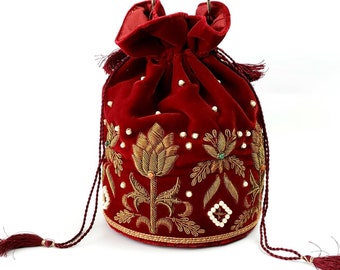 Handmade Velvet Potli Bag: Zardozi Embroidered Indian Wedding Purse