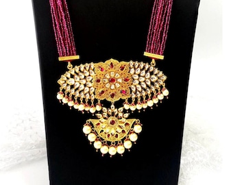 Indian jewelry, kundan ruby beaded rani haar necklace set, kundan pearl necklace, South Indian temple jewelry, Indian wedding bride jewelry