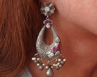 German silver Indian chandbali earrings with CZ stones, Indian CZ earring, Indian jewelry, CZ earrings,India jhumka, pearl jhumka, crystal