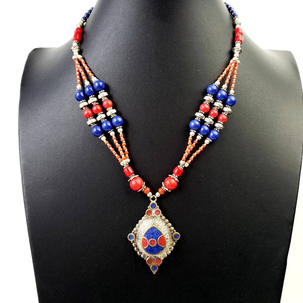 Tibetan turquoise and coral multistrand necklace with pendant, Tibetan jewelry, lapis lazuli, Nepal jewelry, ethnic Afghani necklace,tribal