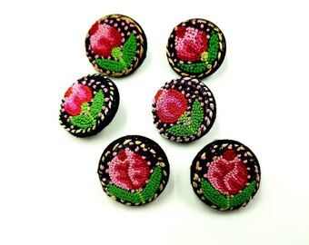 Embroidered flower buttons, handcrafted buttons, collectible buttons, decorative buttons with embroidery, embellished buttons, fabric button